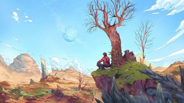Anime Boy Watching Shattered Planet in Desert Landscape PC Wallpaper