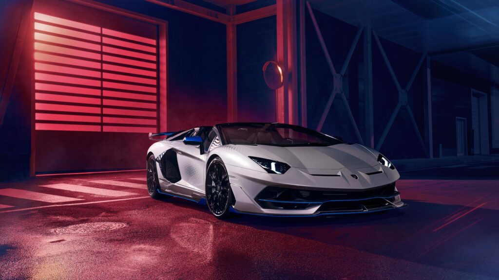 White Lamborghini Aventador SVJ Roadster Neon Garage 4K Desktop Wallpaper