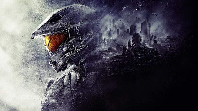 Master Chief Helmet Amidst Futuristic Destroyed Cityscape PC Wallpaper