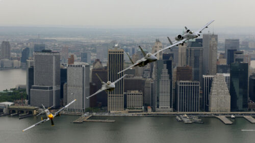 Military Aircraft Formation over New York City Skyline Desktop Wallpaper