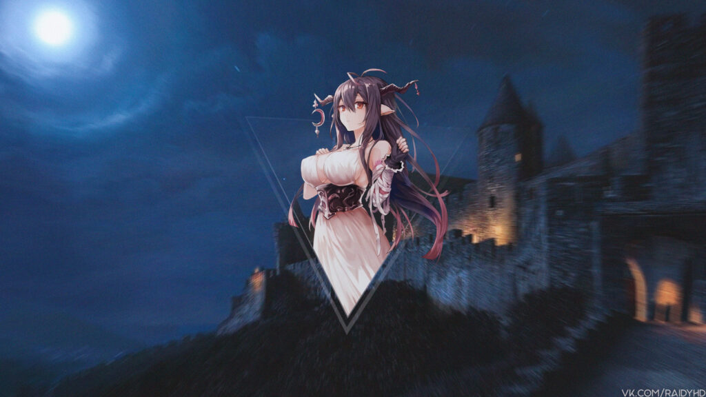 Anime Demon Girl in Medieval Castle Under Moonlit Sky Desktop Wallpaper