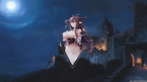 Anime Demon Girl in Medieval Castle Under Moonlit Sky Desktop Wallpaper