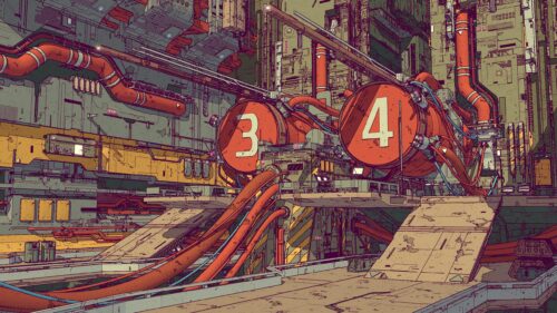 Futuristic Industrial Sci-Fi Facility with Orange Pipes 4K Desktop Wallpaper