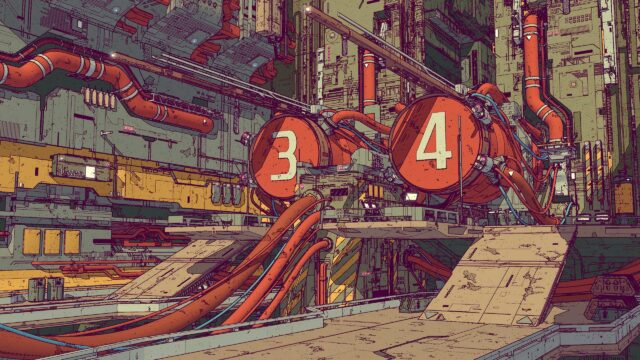 Futuristic Industrial Sci-Fi Facility with Orange Pipes 4K Desktop Wallpaper
