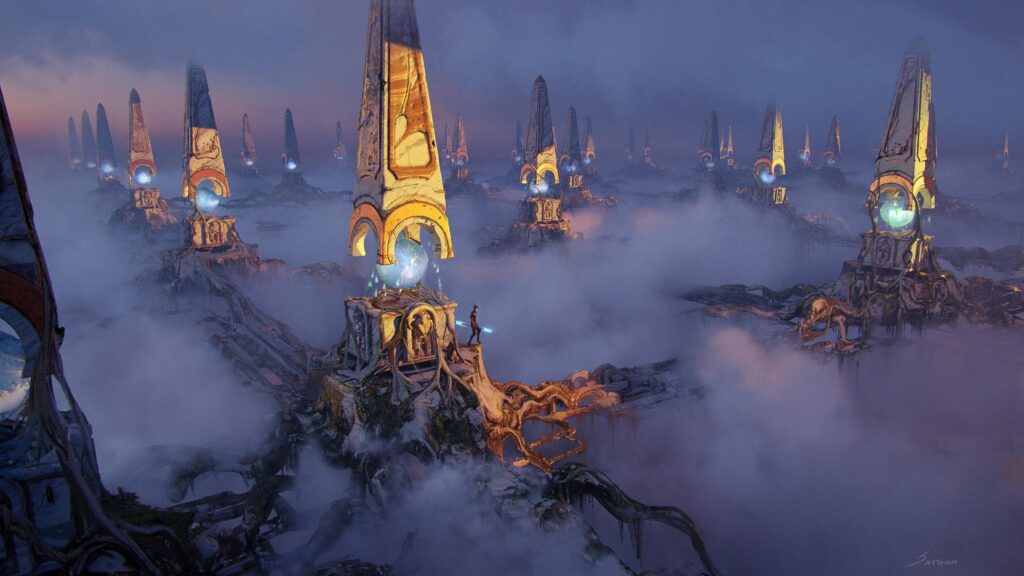 Stunning Sci-Fi Fantasy Obelisk Landscape Above Clouds 4K Desktop Wallpaper