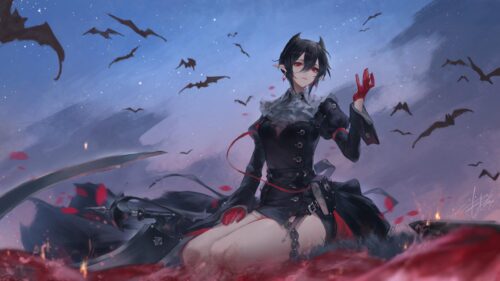 Anime Vampire Girl with Scythe in Night Sky PC Wallpaper