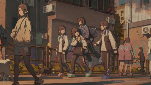 Anime Girls Walking in Urban Neighborhood 4K Desktop Wallpaper