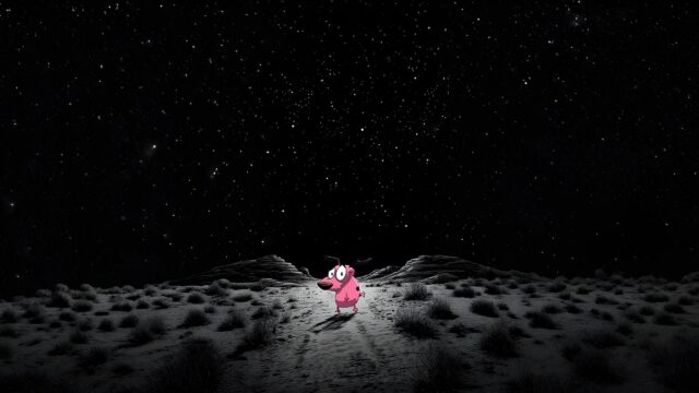 Courage the Cowardly Dog Standing Alone Under a Starry Night Sky 4K Desktop Wallpaper