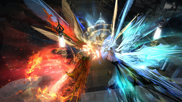 Final Fantasy XIV Phoenix and Paladin Combat Scene Desktop Wallpaper