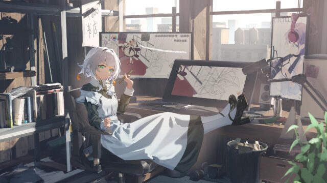 Anime Artist Girl Working in a Cozy Studio Desktop Wallpaper