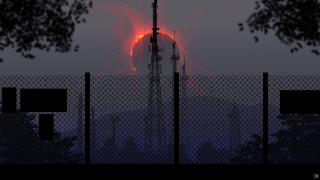Dystopian Solar Eclipse Behind Communication Towers 4K Desktop Wallpaper