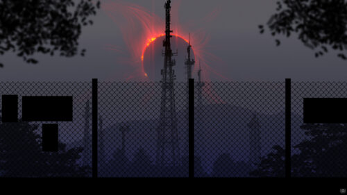 Dystopian Solar Eclipse Behind Communication Towers 4K Desktop Wallpaper