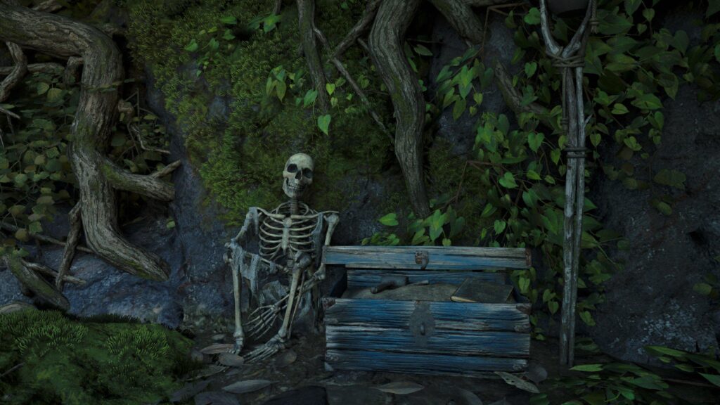 Forgotten Explorer Skeleton Beside an Ancient Blue Treasure Chest Desktop Wallpaper