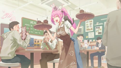 Anime Girl Serving Coffee at a Charming Cat Cafe Desktop Wallpaper