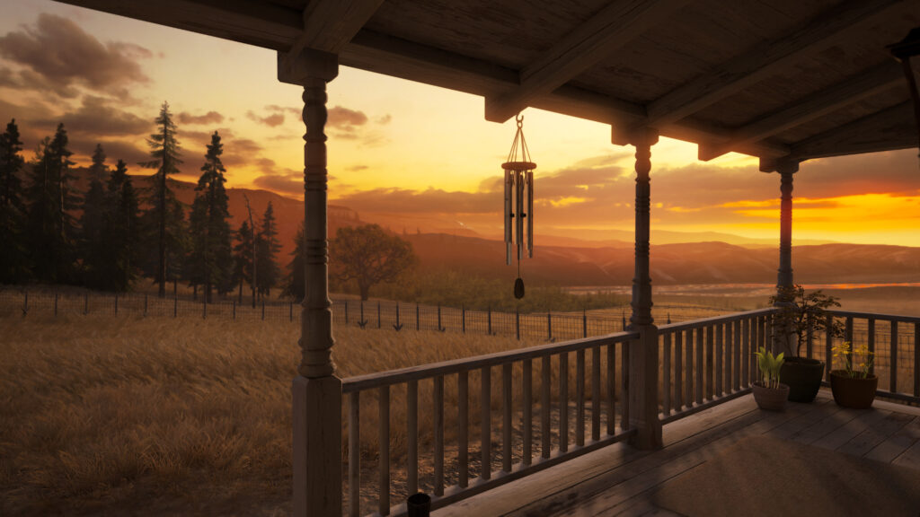 Rustic Porch Sunset Over Golden Fields 4K Desktop Wallpaper