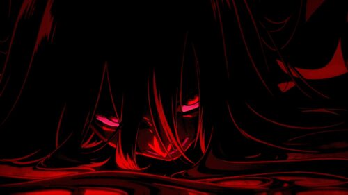 Dark Anime Girl with Glowing Red Eyes in Crimson Shadows 4K Desktop Wallpaper