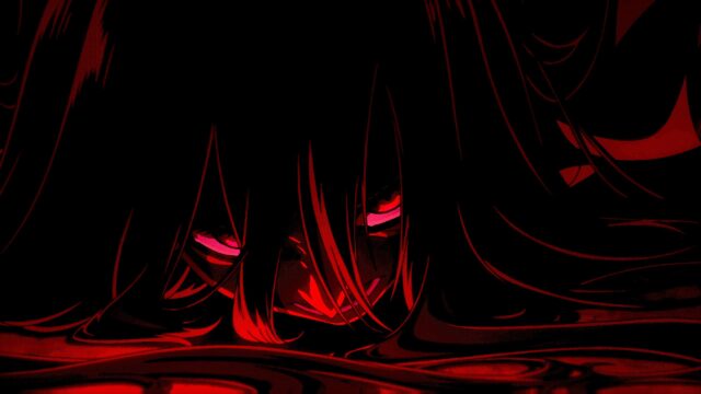 Dark Anime Girl with Glowing Red Eyes in Crimson Shadows 4K Desktop Wallpaper