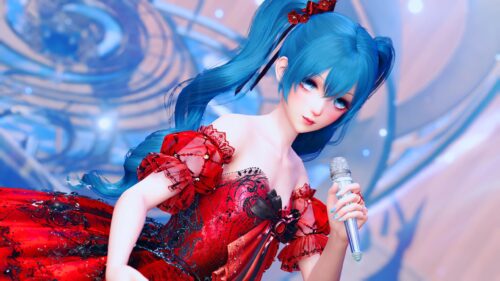 Hatsune Miku Singing in a Stunning Red Ball Gown 4K Desktop Wallpaper