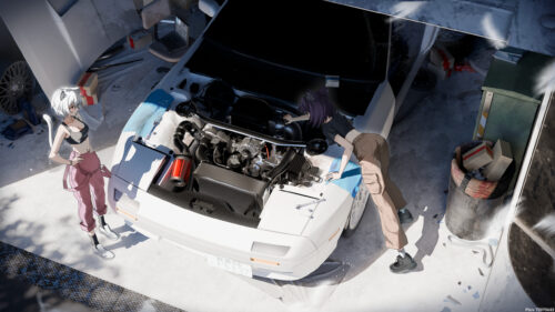 Anime Girls Working on a Modified Mazda RX-7 FC in a Garage 4K Wallpaper