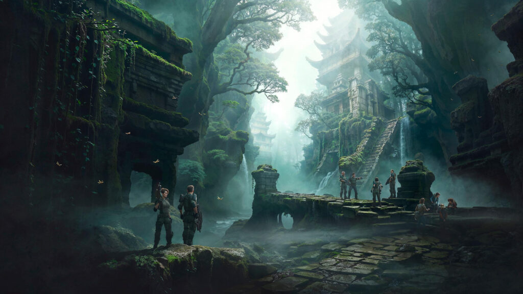 Explorers in Ancient Foggy Jungle Temple Ruins 4K Desktop Wallpaper