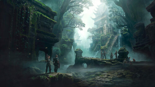 Explorers in Ancient Foggy Jungle Temple Ruins 4K Desktop Wallpaper
