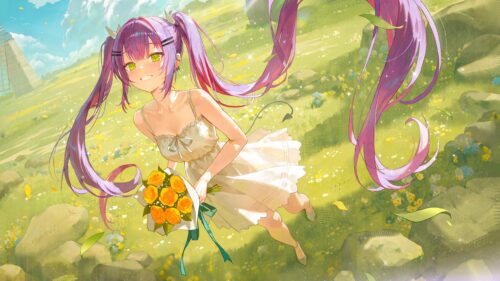 Anime Girl with Purple Twin Tails Holding Yellow Flowers in a Sunny Meadow 4K Wallpaper