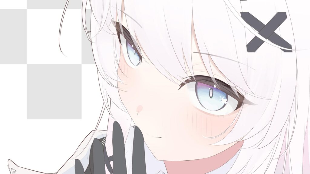 Minimalist Anime Girl with White Hair and Striking Purple Eyes Desktop Wallpaper