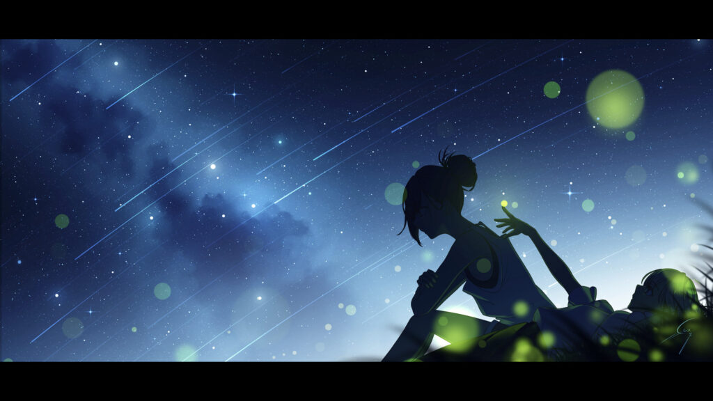 Anime Girls Relaxing Under a Starry Night Sky with Fireflies Desktop Wallpaper