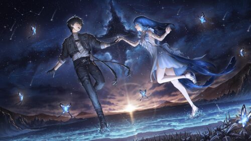Anime Couple Dancing Over Magical Night Waters 4K PC Wallpaper
