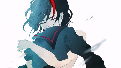 Sad Anime Girl With Red Streak Hair In Minimalist Style 4K Desktop Wallpaper