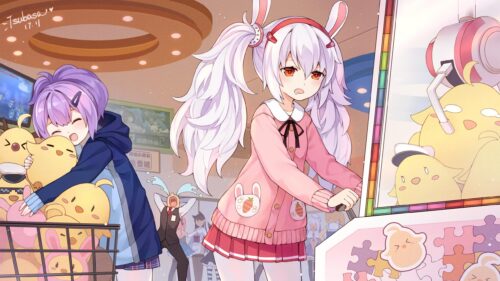 Anime Girls Playing Claw Machine at Arcade 4K Desktop Wallpaper