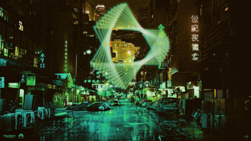 Cyberpunk City Street with Abstract Neon Geometric Light 4K Desktop Wallpaper