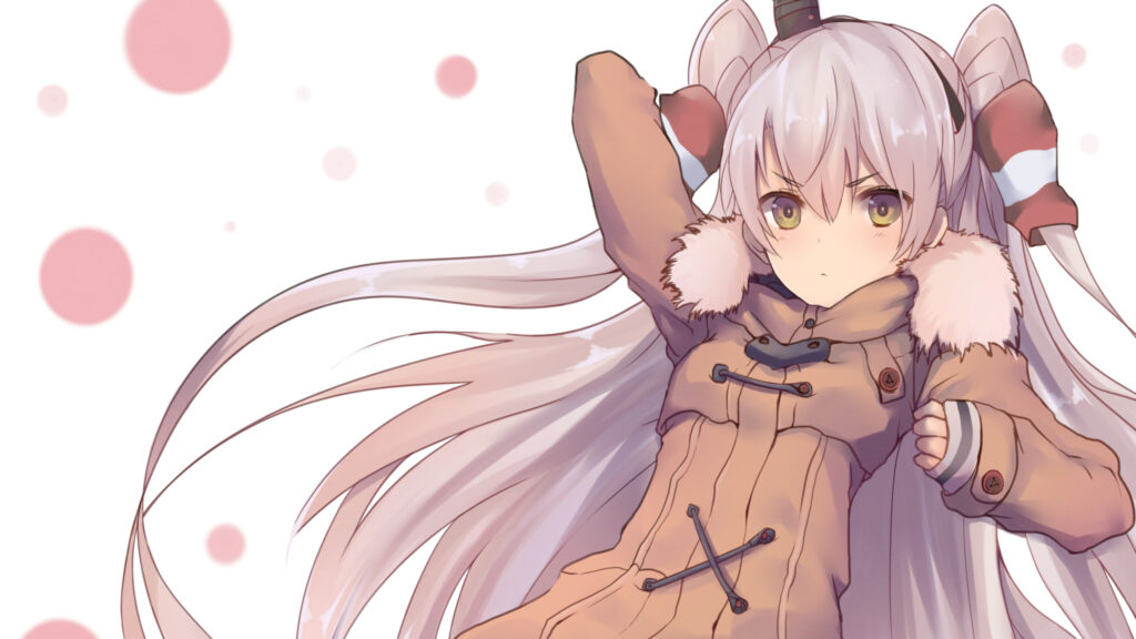 Anime Girl with Long Silver Hair in a Brown Winter Coat Desktop Wallpaper