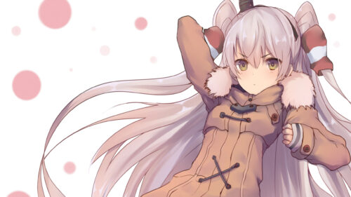 Anime Girl with Long Silver Hair in a Brown Winter Coat Desktop Wallpaper