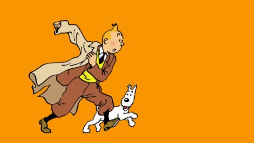 Tintin and Snowy Running Adventure Minimalist Orange Background Desktop Wallpaper