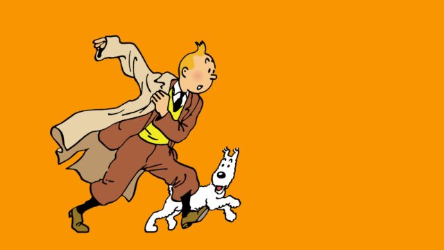 Tintin and Snowy Running Adventure Minimalist Orange Background Desktop Wallpaper