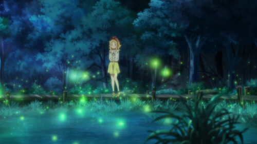 Anime Girl Standing on a Wooden Bridge Surrounded by Fireflies 4K Wallpaper