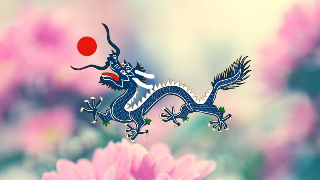 Blue Chinese Dragon Artistic Illustration with Soft Pink Floral Background 4K Wallpaper