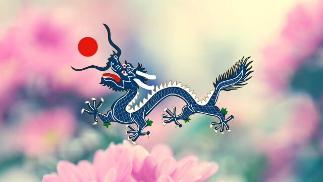 Blue Chinese Dragon Artistic Illustration with Soft Pink Floral Background 4K Wallpaper