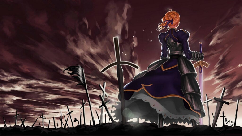 Saber Artoria Pendragon Standing Amidst Battlefield Swords Anime 4K Desktop Wallpaper