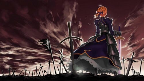 Saber Artoria Pendragon Standing Amidst Battlefield Swords Anime 4K Desktop Wallpaper