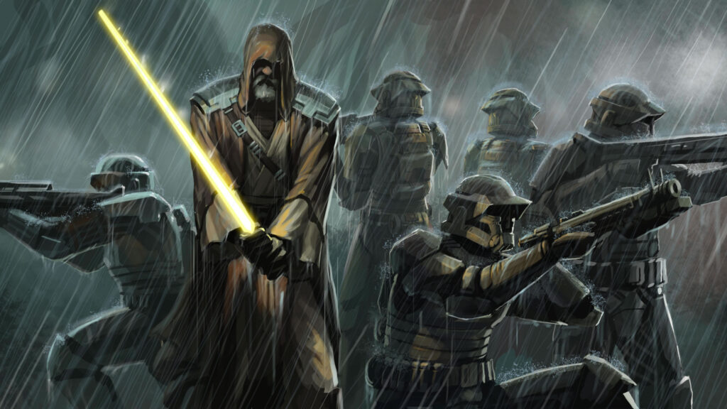 Jedi Master and Clone Troopers in the Rain Star Wars 4K Desktop Wallpaper