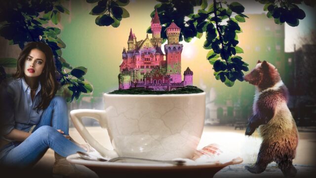 Surreal Fantasy Castle in a Tea Cup with Model and Bear Desktop Wallpaper