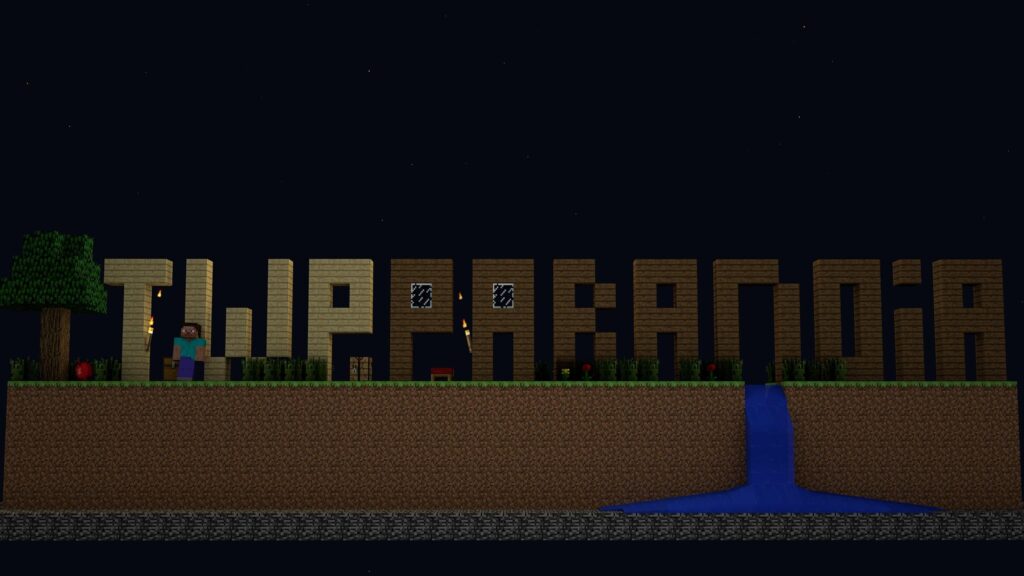 Minecraft Creative Build Featuring Steve and Custom Text Art Desktop Wallpaper
