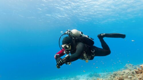 Professional Scuba Diver Swimming in Clear Blue Tropical Ocean 4K Wallpaper