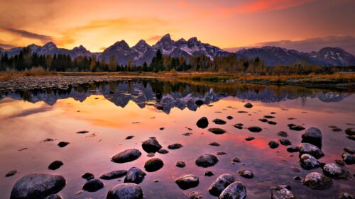 Stunning Grand Teton Mountain Sunset Reflecting on Calm Lake Desktop Wallpaper