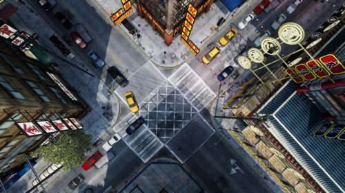 Aerial View of Busy Chinatown Intersection City Street 4K Wallpaper