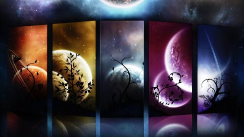 Multiverse Abstract Planets and Floral Silhouettes Cinematic 4K Wallpaper