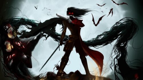 Alucard Hellsing Anime Character with Dark Aura and Weapons 4K PC Wallpaper