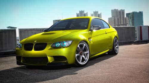 Stunning Lime Green BMW M3 Coupe with Custom Tuning on City Rooftop 4K Wallpaper